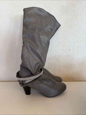 Women's Gray Knee-High Heeled Boots with Rhinestone Strap